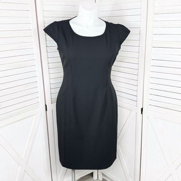 Tahari ASL Cap Sleeve Sheath Dress Black 12 Knee Length Office Professional - Picture 1 of 13